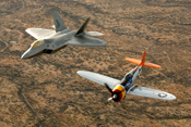 image of moon P-47 Thunderbolt and an F-22A Raptor.