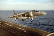 image of moon An AV-8B Harrier II prepares for landing.