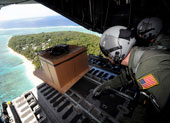 Pallets pushed out of a C-130 Hercules