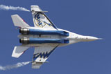 ABA100078M
Bottom view of a Russian MiG-29OVT aerobatic aircraft.
