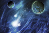 CFR100032S
Three comets blaze a trail near a planet and its moon.