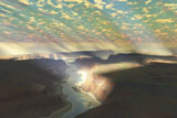 CFR100283S
Sunrays shine down on mist over a canyon river in a desert wilderness.