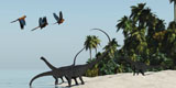 CFR200061P
Diplodocus dinosaurs take a drink in a hot tropical region.