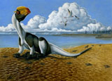 HKY100009P
A Dilophosaurus dinosaur sitting in mud.