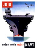 JPA100734M
Vintage World War II poster of an aircraft carrier with three planes flying overhead.