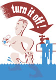 JPA100826M
World War II poster of a man leaving the bathroom as the sink overflows with water.