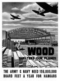 JPA100838M
World War II poster of an aircraft hangar being built as planes fly overhead.