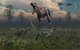 MAS100067P
Two Lesothosaurus dinosaurs run out of the way of a T-Rex on a rampage.