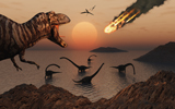 MAS100071P
A mighty T. Rex roars from overhead as a giant fireball falls from the sky