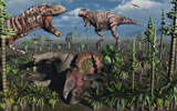 MAS100234P
Two T. Rex dinosaurs confront each other over a dead Triceratops.