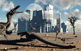MAS100257P
A pack of Velociraptors come across a giant sauropod carcass as their next meal.