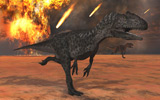 MAS100266P
A pair of Allosaurus dinosaurs running from the site of meteorite impacts on a prehistoric Earth.