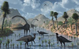 MAS100378P
Sauropod and duckbill dinosaurs feed peacefully together.