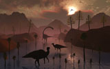 MAS100379P
Sauropod and duckbill dinosaurs feed peacefully together.