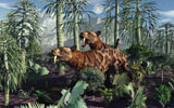 MAS100414P
A pair of Sabre-Toothed Tigers hunting during the Pleistocene period of time.