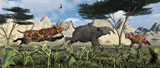 MAS100504P
A pair of Sabre-Toothed Tigers chasing a young Deinotherium.