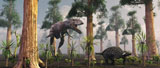 MAS100505P
A Tyrannosaurus Rex tracking down a lone Ankylosaurus dinosaur.