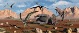 MAS100509P
Quetzalcoatlus flee as a Tyrannosaurus Rex comes to claim its meal.