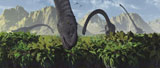 MAS100510P
A herd of Omeisaurus dinosaurs feeding on lush foliage.