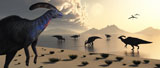 MAS100512P
Parasaurolophus dinosaurs gather at a freshwater lake feeding ground.