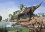 SKR100121P
A Majungasaurus grabs the tail of a crocodilian Mahajangasuchu.