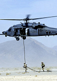 STK100646M
Pararescuemen descend from an HH-60 Pave Hawk helicopter.