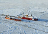 STK105635M
USCG Healy breaks ice around a Russian-flagged tanker south of Nome, Alaska.