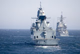 STK105664M
German frigate FFG Hessen and USS Normandy off the coast of Scotland.