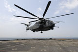 STK106484M
An MH-53E Sea Dragon prepares to land on the flight deck aboard USS Ponce.