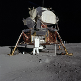 STK202804S
An Apollo 11 astronaut in front of the lunar module.