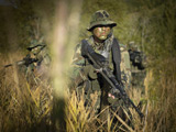 TWE300049M
U.S. Navy SEALs walk through tall grass during combat operations.