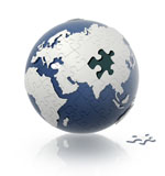 VET200034S
Earth globe with puzzle pattern and one piece on the floor.