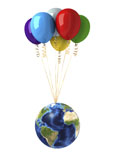 VET200049S
Planet Earth lifted by a bunch of flying multicolored balloons.