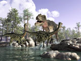 VET600038P
A Tyrannosaurus Rex hunting two Gallimimus dinosaurs in a river.