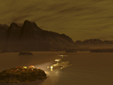 WMY100108S
Artist's concept of a robotic probe exploring a frigid ethane lake on Titan.
