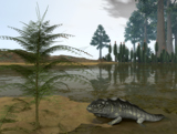 WMY100158P
A Late Devonian Ichthyostega emerges from waters of a floodplain.