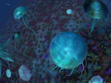 WMY100165P
A swarm of jellyfish swim the Panthalassic Ocean.