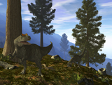 WMY100168P
A pair of Allosaurus search for a meal along a mountainside forest.