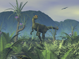 WMY100185P
A colorful adult male Dilophosaurus explores a hilltop.