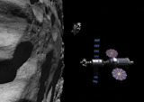 WMY100235S
A Manned Maneuvering Vehicle descends toward the surface of a small asteroid.