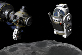 WMY100237S
A Manned Maneuvering Vehicle prepares to descend to the surface of a small asteroid.