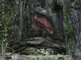 WMY100249P
A rat-sized Purgatorius hides from a Bistahieversor dinosaur in a cretaceous forest.