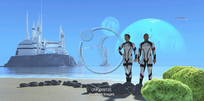 Two men in military uniforms visiting from Earth, check out a shoreline ...