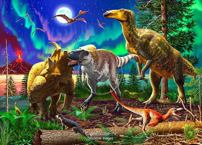 A Nanuqsaurus attacks a Pachyrhinosaurus dinosaur while an