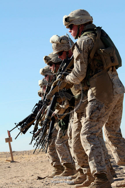 Marines raise their M16A2 service rifles from the alert to the firing ...