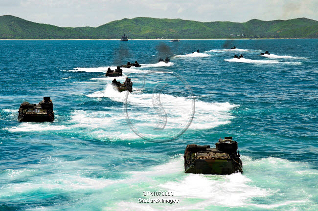 Amphibious assault vehicles approach Hat Yao beach, Thailand ...
