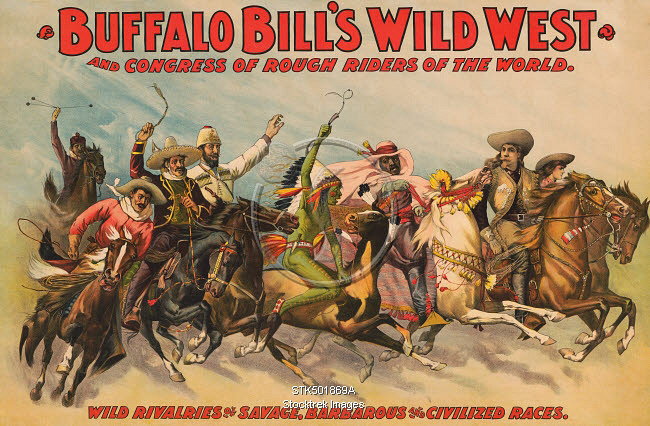 Vintage poster showing Buffalo Bill with men of various nationalities ...